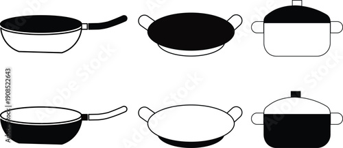 A set of saucers sits beside a black teflon frying pan and steel kitchenware utensils isolated on a white background for domestic cooking
