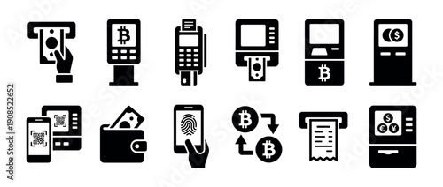 Financial technology and payment method solid icon set showing ATM, cryptocurrency, mobile banking, and POS terminal symbols for modern finance concepts