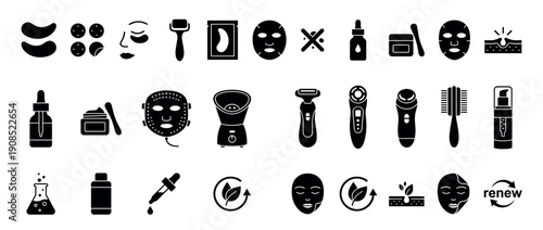 Large set of black glyph icons representing skincare products, beauty tools, and cosmetic procedures, featuring minimalist symbols for face masks, serums, creams, and electronic devices