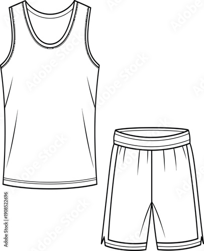 A simple line drawing of a sleeveless shirt and shorts on a white background.