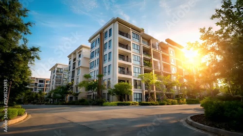 Real estate business market, house home building purchase sale. A modern apartment complex at sunset, with the sun casting a golden hue over the buildings, trees, plants, and road.