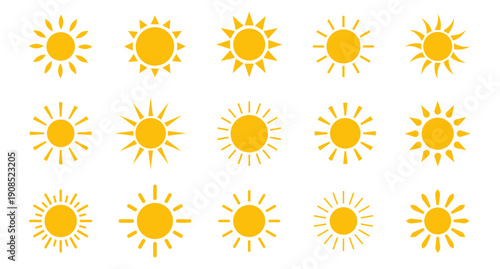 Sun icons collection. Sun logo. Yellow suns circles. Sunshine vector sign. Vector illustration