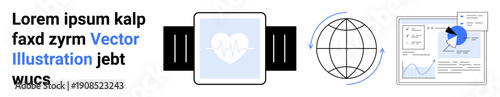Health monitoring, global communication, data analysis, wearable technology, digital trends, connectivity. A smartwatch with heart icon, globe and analytics chart. Health monitoring and global