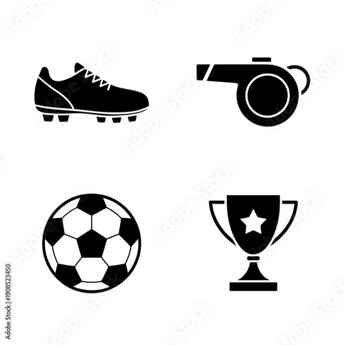 Soccer sports icons with cleat whistle trophy and football on white background