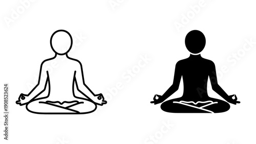 Meditation Icon Set Featuring Person in Lotus Pose with Outline and Silhouette Styles