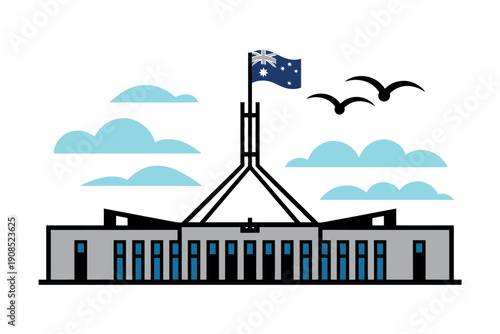 The Parliament House in Canberra, Australia, with the Australian flag flying high