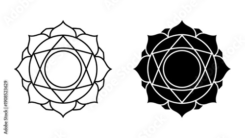 Anahata Heart Chakra symbol set, outline and silhouette vector icons isolated on white background