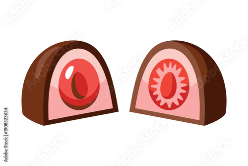 A cartoon illustration of two halves of a chocolate bonbon with pink filling and red centers.