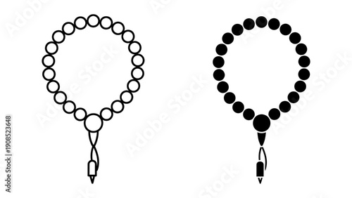 Prayer beads icon set with outline and silhouette vector styles for rosary, tasbih, and mala