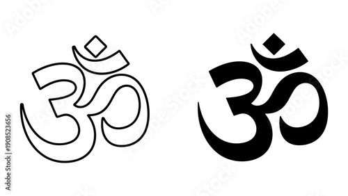 Om symbol icon set featuring outline and solid black styles isolated on white background