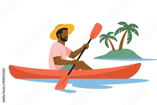 A man paddles a kayak through calm waters towards a tropical island with palm trees