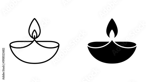 Diya oil lamp icons with burning flame for Diwali festival in outline and solid black vector style