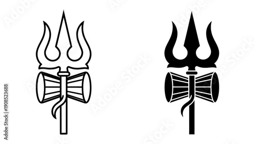 Trishula and Damaru symbols of Lord Shiva isolated on white background as black outline and solid vector icons