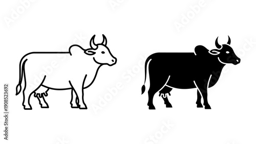 Zebu cow icons in outline and silhouette style standing in profile isolated on white background