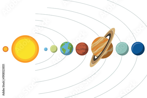 A colorful illustration of the solar system with planets orbiting the sun