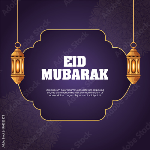 Elegant Eid Mubarak greeting card with golden lanterns, Islamic geometric patterns and luxury purple background. 