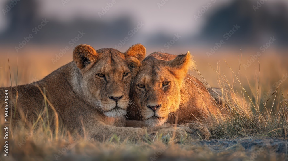 Obraz premium Two lionesses resting and feeding together on a sunlit Botswana savanna