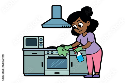 A young girl wearing green rubber gloves is cleaning the kitchen counter with a blue spray bottle.