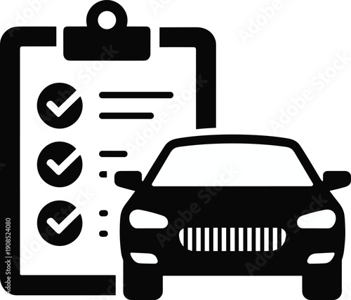 Vector illustration of car silhouette with clipboard checklist, representing automotive inspection, vehicle maintenance report