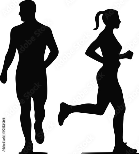 Silhouettes of a man and woman exercising