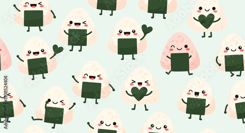 Cute Kawaii Onigiri Rice Balls Seamless Pattern Design