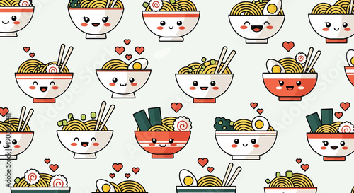 Cute Kawaii Ramen Bowl Characters with Happy Faces and Hearts Pattern