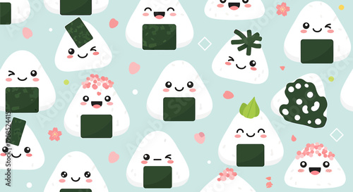 Cute Kawaii Onigiri Rice Balls Seamless Pattern, Japanese Food Illustration