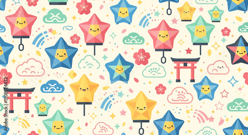 Cute Kawaii Star Lanterns Pattern with Japanese Torii Gates and Clouds