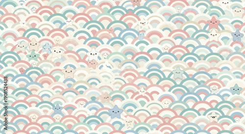 Cute Kawaii Star Characters on Pastel Wave Pattern Background