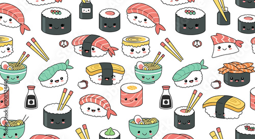 Cute Kawaii Sushi Pattern - Japanese Food Characters Seamless Background