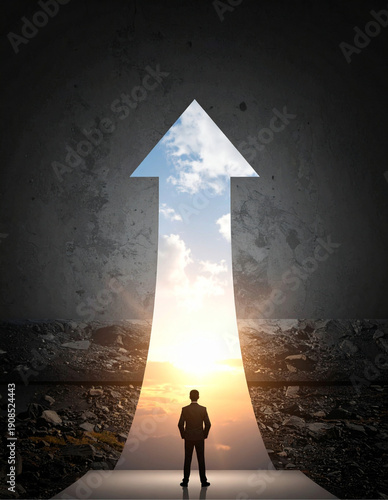 A symbolic business growth concept showing a man standing before a glowing upward arrow opening to the sky. Ideal for success, leadership, career progress, motivation, vision, strategy and future.