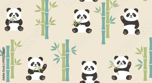 Cute Panda Bears with Bamboo Seamless Pattern