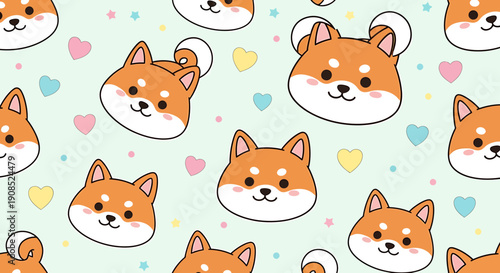 Cute Shiba Inu Dog Faces Seamless Pattern with Hearts and Stars