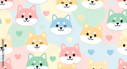 Cute Shiba Inu Faces Pattern, Kawaii Dog Art, Pastel Colors, Hearts Background