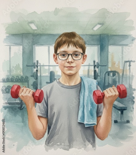 A boy works out in the gym with dumbbells. Sports, a healthy lifestyle. Watercolor illustration