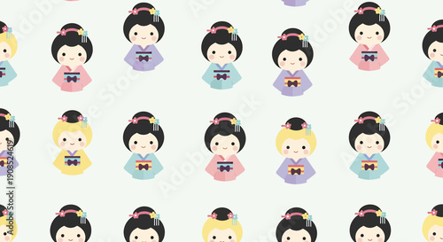 Seamless Pattern of Cute Kawaii Geisha Dolls in Pastel Kimonos, Japanese Culture