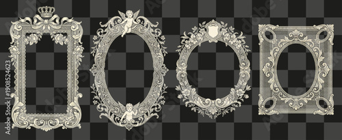 Ornate Frames Engraved Vintage Borders Set Baroque Rococo Style Scrollwork Light Beige Elements Dark Checkered Grid