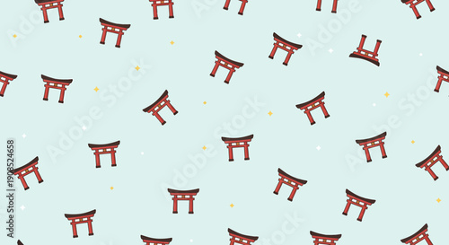 Seamless Pattern of Red Torii Gates on Light Blue Background with Stars