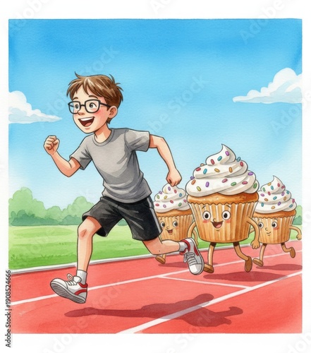 A laughing boy runs away from the cupcakes on the red track of the stadium. The concept of a healthy lifestyle, proper nutrition, and avoiding sugar