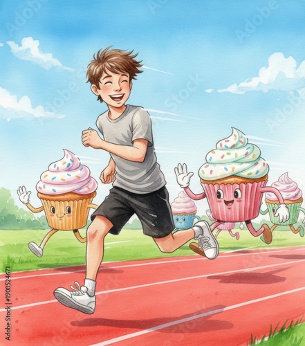 A laughing boy runs away from the cupcakes on the red track of the stadium. The concept of a healthy lifestyle, proper nutrition, and avoiding sugar