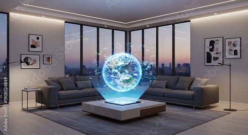Modern living room features a glowing holographic projection of the Earth above a coffee table