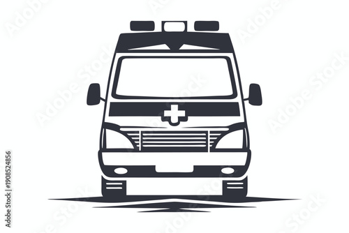 Monochrome Car with Emergency Lights and Cross Emblem Automotive Transportation Icon