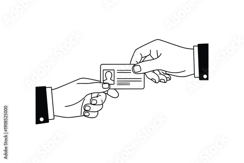 Handing over identification card business hand gesture vector line art illustration