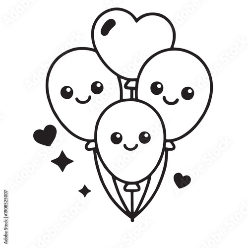 Cute balloon heart smile happy cartoon love black white drawing simple illustration cheerful
