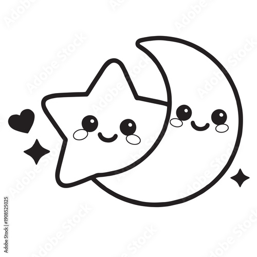 Cute star moon love kawaii illustration, happy face, black white, simple, cheerful, adorable