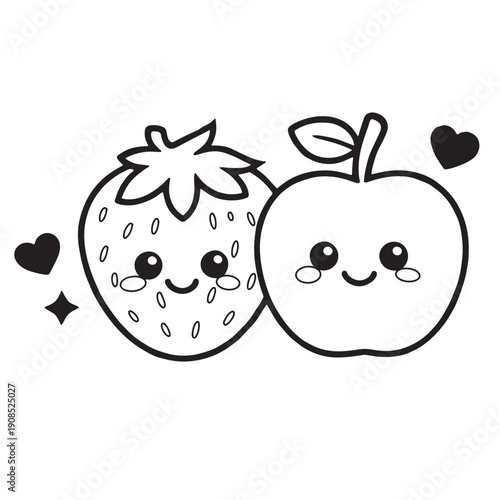 Strawberry apple cute cartoon fruit happy face kawaii love heart black white drawing
