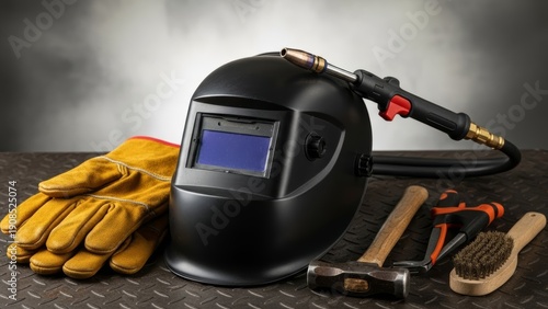 Comprehensive collection of welding safety gear and essential metalworking tools, meticulously arranged for professional use in industrial and fabrication settings