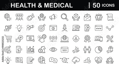 Health and Medical Icons: A collection of fifty minimalistic icons representing various aspects of health and medical care, designed in a clean, contemporary style.