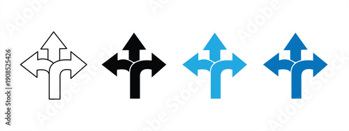 Direction arrow icon with multiple paths. Choice and decision making symbol. Strategy, planning and alternative route concept. Navigation, growth and progress pictogram for business scenarios.