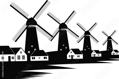 Vector illustration of rural windmills and houses in silhouette style, symbolizing countryside village, sustainability, history, traditional architecture, and landscape design.